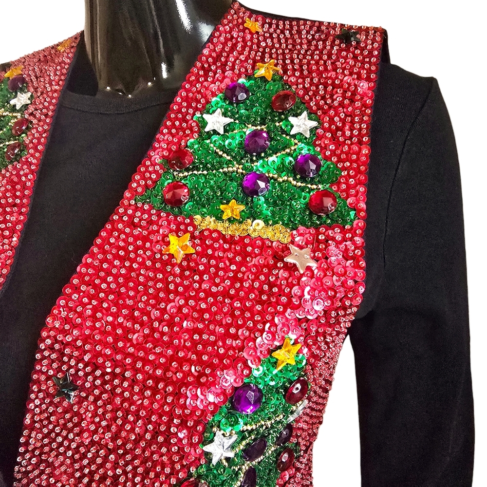 Vintage 90s JC Christmas Tree Sequin and Jewel Vest | Size Small - Picture 10 of 17